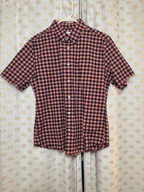 Goodfellow & Co Mens Medium Slim Fit Coral Navy Gingham Short Sleeve Button Down
